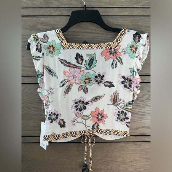 Hurley • Island Batik Floral Print Front Drawstring Crop Top • White Floral • S - Picture 5 of 5